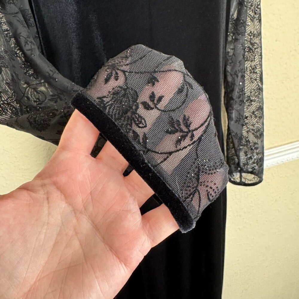 Vintage Black Velvet Maxi Long Dress Sheer Sleeve Whimsigoth Y2K Size 10 - Picture 3 of 11